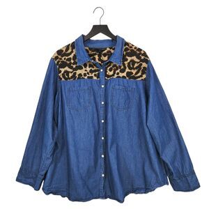 Ashley Stewart Pearl Snap Shirt Size 22 Denim Animal Print Western Cowgirl Ranch
